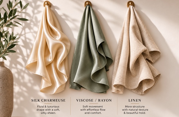 Silk charmeuse, viscose/rayon, and linen draped on hooks — comparing drape and hold