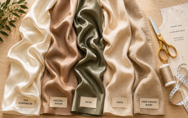 Silk charmeuse, viscose, satin, crepe, and linen swatches — the key fabrics for a beautiful cowl neckline